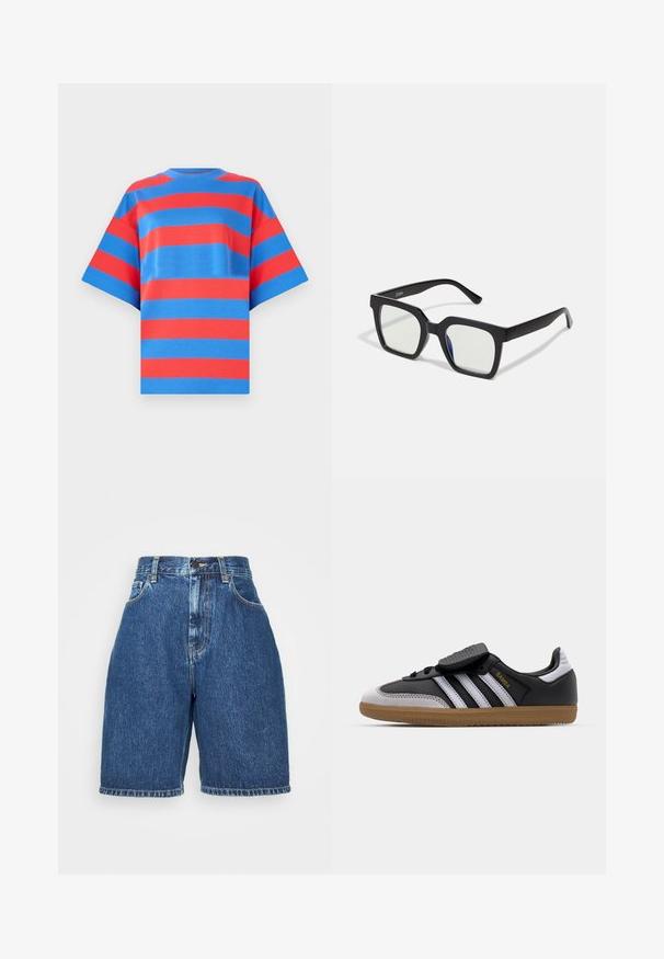 Marimekko RIPITTI - Potiskana majica - blue/red; Jeanšortsi z visokim pasom, v temno modri barvi. Imajo klasičen pet-pocket stil, ravno rez, in zavihan rob. Iz bombažnega materiala.; Črne usnjene in sive semiš teniske z belimi črtami, gumijastim podplatom, vezanjem spredaj in Velcro trakovi. Vsebuje "Samba" blagovno znamko v zlati barvi.; Črne sončne očala s mat končno obdelavo, ki imajo prozorne leče z rahlo modrim odtenkom na eni strani. Močna, angleska zasnova.
