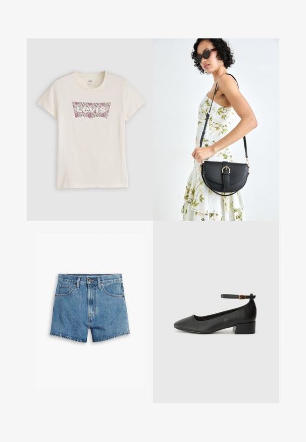 Krémové bavlnené tričko s krátkymi rukávmi s kvetinovým vzorom loga Levi's v ružovej a bordovej farbe, umiestneným v klasickom tvare nášivky.; Džínové šortky v svetlo modrej farbe, s piatimi vreckami, zipsom a zapínaním na gombík. Spodný lem je rozstrapkaný s voľným strihom.; Čierne kožené lodičky s špicatou špičkou a nízkym blokovým podpätkom. Obsahuje remienok okolo členka so zlatým prackou. Hladký povrch.; Čierna kožená kabelka s zaobleným tvarom, odnímateľným popruhom a zlatými doplnkami. Kabelka má klopu s detailom s prackou.