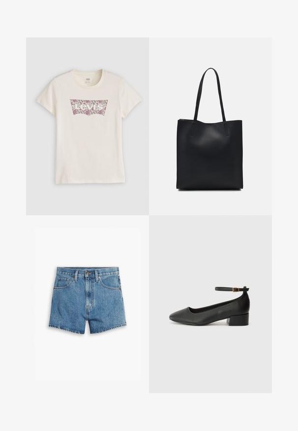 Kremfarget bomull t-skjorte med et blomstermønster av Levi's-logoen i rosa og mørkerød innenfor en klassisk logo-patch-form. Korte ermer.; Lys blå denimshorts med fem lommer, glidelås og knappefeste. Bunnkanten er slitt med et avslappet passformdesign.; Sorte skinnpumper med spiss tå og lav blokkhelt. Har ankelrem med gullfarget spenne. Glatt tekstur.; Svart lær tote bag med glatt tekstur, rektangulær form og to lange håndtak. Ingen synlige deler eller dekorasjoner.