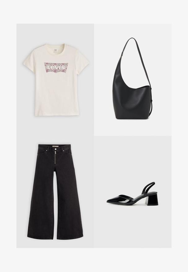 Tricou din bumbac de culoare crem, cu un logo Levi's cu model floral în nuanțe de roz și vișiniu, plasat într-o formă clasică de patch. Mâneci scurte.; Jeans cu picioare largi din denim negru, cu fermoar în față, design cu cinci buzunare și detalii subtile de cusătură. Textură netedă și stil casual.; Pantofi cu toc slingback din piele lacuită neagră, cu vârf ascuțit și toc geometric. Prezintă un design elegant, minimalist și o textură netedă.; Geantă hobo din piele neagră, cu o textură netedă, formă curbată și un singur bretele ajustabil; are o deschidere largă în partea de sus.
