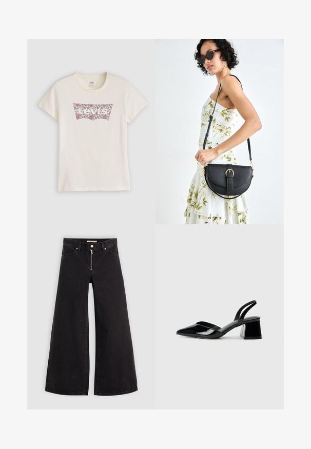 Kremkrāsas kokvilnas T-krekls ar ziedu raksta Levi's logotipu rozā un bordo krāsā klasiskā logotipa plākšņu formā. Īsas piedurknes.; Platas kājas džinsi melnā džinsa audumā ar rāvējslēdzēju priekšā, piecu kabatu dizains un smalkas šuvju detaļas. Gluda tekstūra un ikdienišķs stils.; Melna lakota āda ar atvērto papēdi, ar smailu purngalu un ģeometrisku blokpapēdi. Iezīmējas elegants, minimāls dizains un gluda tekstūra.; Melnas ādas rokassoma ar izliekta formu, noņemamu siksnu un zelta aksesuāriem. Somai ir vāciņš ar sprādzes detaļu.