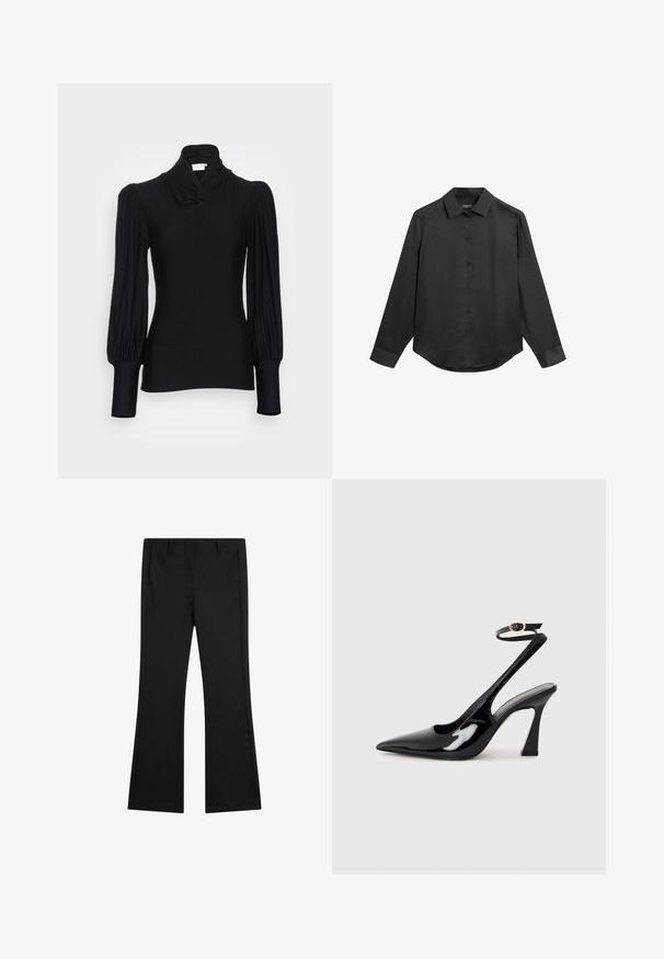 Schwarz langärmliges Oberteil mit hohem Kragen, das geraffte Schultern und taillierte Ärmel aufweist. Hergestellt aus einem glatten, elastischen Material.; Schwarzes langärmliges Hemd mit Kragen, geknöpftem Vorderteil, glattem Stoff und leicht abgerundetem Saum. Keine sichtbaren Muster oder Akzente.; Schwarze, ausgestellte Hosen aus glattem Stoff, mit Vordertaschen und einem maßgeschneiderten Schnitt, der gepresste Falten für einen eleganten Look aufweist.; Schwarze Lackleder-Slingbacks mit spitz zulaufender Zehenpartie, verstellbarem Knöchelriemen und moderatem Blockabsatz. Glatte Textur mit glänzender Oberfläche.