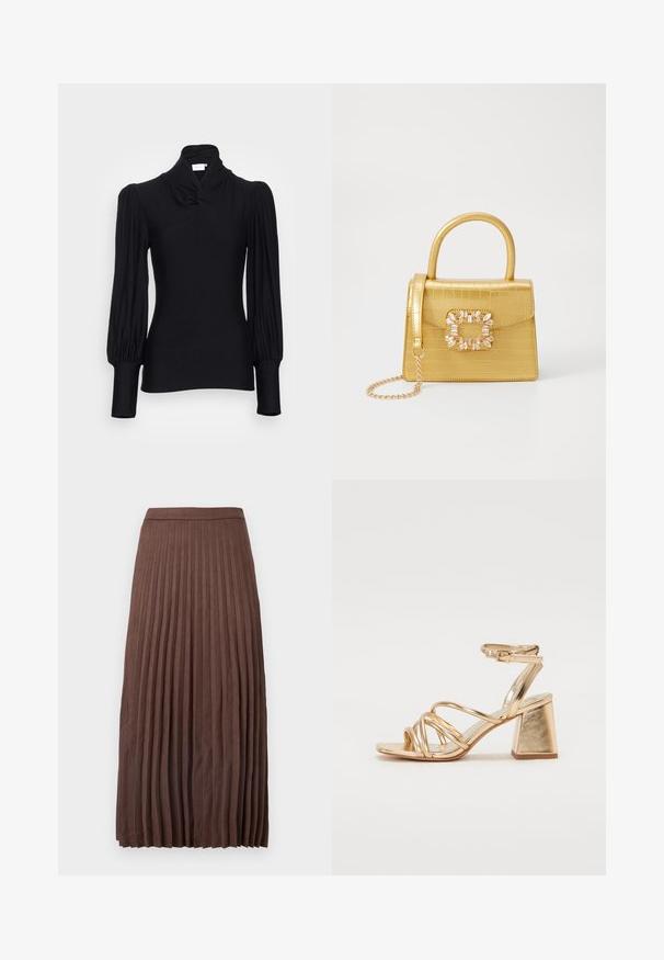 Camisa preta de mangas longas com gola alta, apresentando ombros franzidos e mangas justas. Feita de um material liso e elástico.; Saia midi plissada castanha, feita de um tecido texturizado, com uma cintura ajustada e pregas verticais que vão da cintura até a barra.; Sandálias de salto alto metálico dourado com design em tiras, salto quadrado e tira no tornozelo ajustável com fivela. Textura suave.; Bolsa amarela em pele de crocodilo falsa, com um design estruturado, pega no topo, alça de corrente removível e decoração de cristal no fecho.