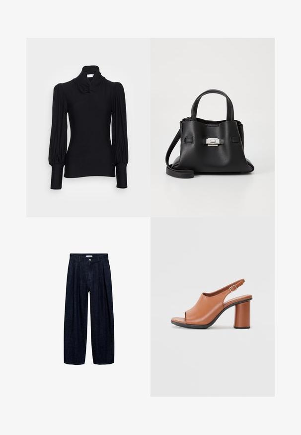 Top negru cu mâneci lungi și gât înalt, având umeri strânși și mâneci ajustate. Fabricat dintr-un material neted și elastic.; Pantaloni largi din denim închis, cu pliseuri la talie, având un button frontal și pasaje pentru curea. Textură netedă și design pe întreaga lungime.; Pantofii din piele maro cu degetul deschis, cu spatele descoperit și toc cub, cu o textură netedă și un detaliu cu cataramă ajustabilă. Talpa contrastează cu partea superioară.; Geantă de mână din piele neagră cu o finisare texturată, având două mânere superioare, o curea de umăr detașabilă și un detaliu cu închidere din argint.