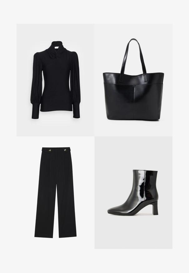 Black long-sleeve top with a high neck, featuring gathered shoulders and fitted sleeves. Made from a smooth, stretchy material.; Black wide-leg trousers with high waist, button details on waistband, and front pleats.; Black patent leather ankle boot with a pointed toe and a mid-height block heel. Smooth texture and minimalist design.; Black leather tote bag with two long handles, a smooth texture, and a structured shape. Features a front pocket for additional storage.