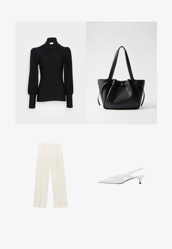 Črn dolg rokav s visokim ovratnikom, ki ima naborke na ramenskih delih in prilegajoče rokave. Narejen iz gladkega, raztegljivega materiala.; Hlače širokih nogavic v svetli kremni barvi. Narejene iz gladkega materiala s plitkimi naborki spredaj in stranskimi žepi.; Bela slingback peta z ošiljenim nosom, z gladkim zgornjim delom, subtilnimi izrezi in nizkim blok petkom. Črna podplat poudarja dizajn.; Črna usnjena torba s dolgima ročajema, z nabranim vrhom in zlatim okroglim dodatkom. Gladka tekstura s minimalističnim oblikovanjem.