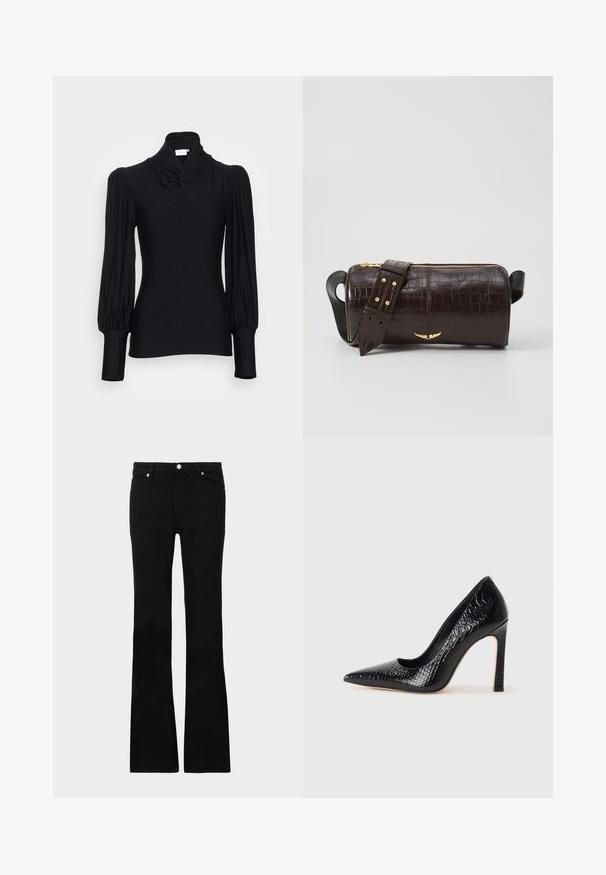Juodas ilgomis rankovėmis marškinėliai su aukštu kaklu, turi surinktas petnešas ir prigludusias rankoves. Pagaminta iš lygaus, tamprios medžiagos.; Juodi plačios kojų džinsai, pagaminti iš denimo, turintys dvi priekinės kišenes, užsegimą su mygtuku ir lygią tekstūrą. Išsiuvinėjimas matomas siūlėse.; Juoda smailiakulnė aukšto kulno bateliai su krokodilo odos tekstūra, pasižymintys elegantišku dizainu, aukštu stiletu kulnu ir lygia juoda vidine dalimi.; Ruda krokodilo odspaudo odinė rankinė cilindro formos, su auksinėmis detalėmis ir nuimamu dirželiu, papuoštu studelėmis.