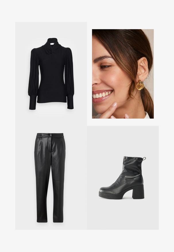 Melnā garenās piedurknēs topā ar augstu apkakli, kuram ir savilkti pleci un pieguļošas piedurknes. Izgatavots no gludas, elastīgas auduma.; Melni ādas bikses ar gludu tekstūru, taisnu piegriezumu, elastīgu jostasvietu un priekšējo pogu aizdari; ar krokām un sašaurinātām kājām.; Melni potītes zābaki, kas izgatavoti no gludas ādas, ar sānu rāvējslēdzēju, masīvu strukturētu papēdi un noapaļotu purngalu.; Zeltaini auskari ar savstarpēji savienotiem apļveida dizainiem ar pulētu apdari, uz neitrāla fona.