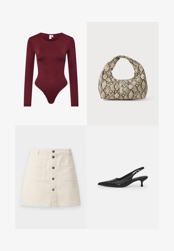 Burgundy long-sleeve bodysuit made of smooth, stretchy fabric; features a rounded neckline and a thong bottom with a snap closure.; Beige corduroy mini skirt with front button closure, two large patch pockets, and belt loops at the waistband.; Black leather slingback shoe with a pointed toe and a slim, curved heel. Features a discrete adjustable strap with a metal buckle.; Snake-print handbag with a curved handle. Made from textured, beige and brown materials, featuring a distinctive diamond pattern.