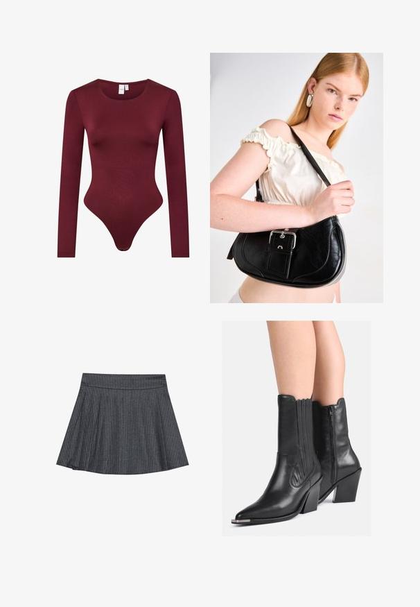 Body de manga larga burdeos hecho de una tela suave y elástica; presenta un escote redondeado y un fondo tipo tanga con cierre a presión.; Falda de patinadora a rayas grises con cintura ceñida, forma acampanada en A y textura de tela suave. Las líneas verticales mejoran el interés visual.; Botas de cowboy negras de cuero hasta la mitad de la pantorrilla, con puntas afiladas, tacones apilados, cremallera lateral y costuras decorativas, usadas sobre piernas desnudas.; Bolso de hombro de cuero negro con forma curvada, herrajes de plata pulida y una etiqueta desmontable. Textura suave con sutiles detalles de costura.; Conjunto de doce pendientes de aro en tonos plateados y dorados. Incluye diseños retorcidos, lisos y texturizados en varios tamaños y acabados.