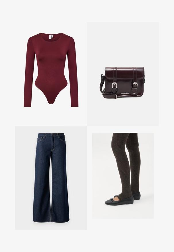 Burgunderfarget langermet bodysuit laget av glatt, elastisk stoff; har rund hals og en thong-bunn med trykknapp.; Vide benbukser i mørkeblå denim. Har kontrastsøm, fem lommer og en knaplukning i taljen. Glat tekstur.; Sorte flate sko med en liten sløyfedetalj på tåen, kombinert med mørkebrune ribbede strømpebukser. Skoene har en glatt overflate og lav profil.; Burgunderfarget patentlær crossover-veske med rektangulær form, to stropper, sølvfarget hardware og klaffelukking.