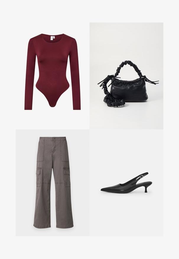 Burgundy long-sleeve bodysuit made of smooth, stretchy fabric; features a rounded neckline and a thong bottom with a snap closure.; Gray cargo pants made of cotton with a wide leg design, featuring two front pockets, two side pockets, and visible stitching details.; Black leather slingback shoe with a pointed toe and a slim, curved heel. Features a discrete adjustable strap with a metal buckle.; Black faux leather handbag with a crocodile texture, cinched top, and a scrunched strap. Appears soft and compact in design.