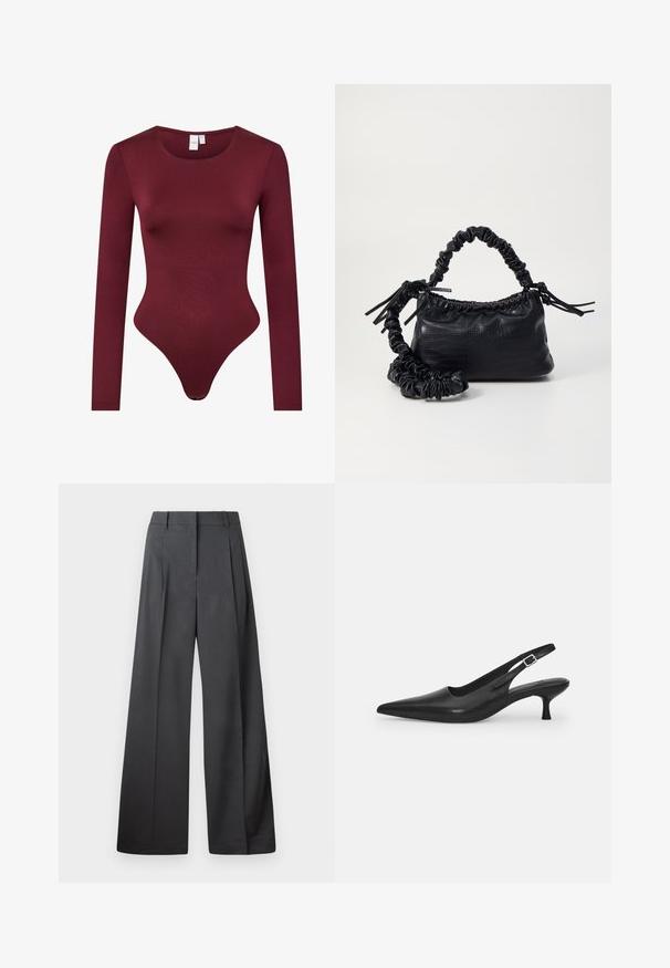 Bordo ilga rankovė bodysuit'as, pagamintas iš lygios, elastingos medžiagos; turi apvalią iškirptę ir thong tipo apačią su reguliuojamu užsegimu.; Tamsiai pilkos plačios kojos kelnės, turinčios aukštą liemenį, vieną raukšlę ir sklandžią tekstūrą su tvarkingais kraštais.; Juodos odinės slingback bateliai su smailiu nosiu ir plonu, lenktu kulnu. Yra diskretiška reguliuojama juostelė su metaliniu sagtimi.; Juodas dirbtinės odos rankinė su krokodilo tekstūra, sušnibždinta viršuje ir susikraipytu dirželiu. Atrodo minkšta ir kompaktiška.