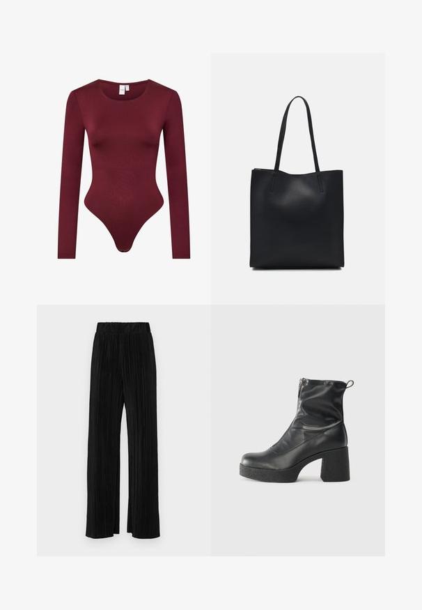 Burgundy long-sleeve bodysuit made of smooth, stretchy fabric; features a rounded neckline and a thong bottom with a snap closure.; Black pleated trousers with an elastic waistband. Features wide legs and a smooth, textured fabric with vertical stripes.; Black ankle boots made of smooth leather, featuring a side zipper, chunky textured heel, and rounded toe design.; Black leather tote bag with smooth texture, rectangular shape, and two long handles. No visible hardware or embellishments.