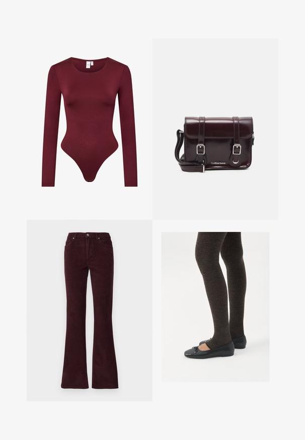 Burgunderfarbener Langarm-Bodysuit aus glattem, elastischem Material; verfügt über einen runden Halsausschnitt und einen Tanga-Slip mit Druckknopfverschluss.; Burgunderfarbene Corduroy-Hosenträger mit glatter Textur, fünf Taschen und Metallknopfverschluss am Bund.; Schwarze flache Schuhe mit einem kleinen Schleifendetail an der Zehe, kombiniert mit dunkelbraunen gerippten Strumpfhosen. Die Schuhe haben eine glatte Textur und ein niedriges Profil.; Burgunderfarbene Patelleder-Crossbody-Tasche mit rechteckiger Form, zwei Riemen, silberfarbener Hardware und einem Klappenverschluss.