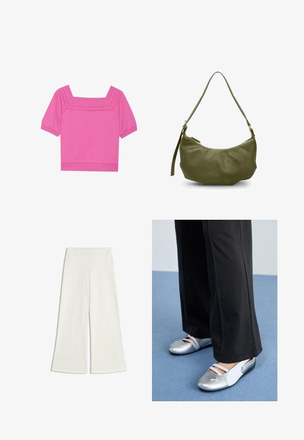 Corta maglietta in cotone rosa con scollatura quadrata, maniche corte e dettagli perforati attorno al collo. Texture liscia, design casual.; Pantaloni a gamba larga bianchi realizzati in tessuto morbido. Presentano una vita alta e nessuna cucitura visibile, creando una silhouette pulita.; Scarpe piatte argento e bianche con cinturini incrociati e dettagli testurizzati, abbinate a pantaloni neri larghi. Ambientate su un pavimento blu.; Borsa a spalla in pelle verde oliva con forma curva, chiusura con zip e tracolla regolabile. Texture liscia con minimi dettagli in metallo.