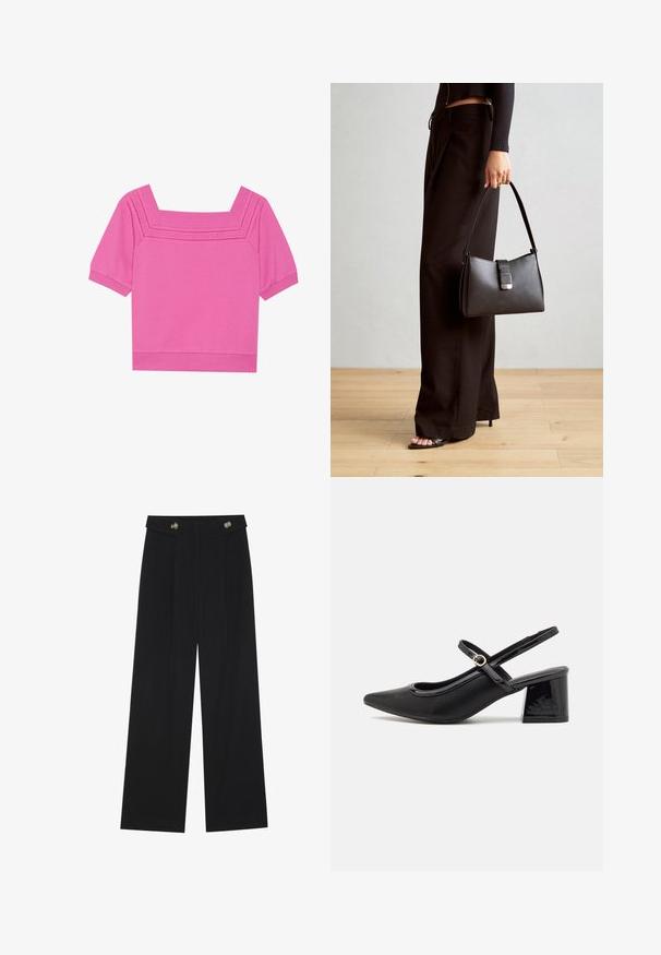 Kratka ružičasta pamučna majica s kvadratnim izrezom, kratkim rukavima i perforiranim detaljima oko izreza. Glatka textura, ležerni dizajn.; Crne hlače širokih nogavica s visokim strukom, s dugmadi na pojasu i prednjim nabora.; Crne lakirane slingback visoke potpetice s šiljastim vrhom, zaobljenim izrezom i blok potpeticom. Sadrži akcent zlatnog tona s kopčom.; Crna torba s oblikom koji sadrži strukturu, glađu teksturu i metalnu kopču. Uparena s širokim crnim hlačama i sandalama na otvorenom s drvenog poda.