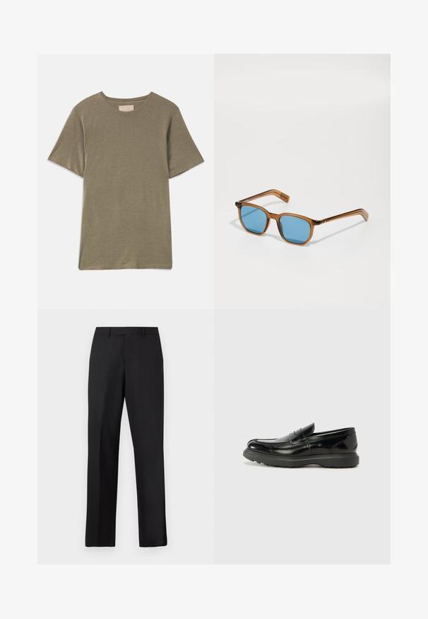 Tamsiai žalias trumpomis rankovėmis marškinėliai su apvalia iškirpte, pagaminti iš minkštos medžiagos. Turi tiesų apatinių kraštą ir jokio matomo rašto ar akcentų.; Juodos, tiesios kojų kelnės iš lygaus audinio. Turi standartinę juosmens juostą ir neturi matomų raštų ar akcentų.; Juodas odinis loaferis su blizgiu paviršiumi, apvaliu pirštu, subtiliais siūlių detalėmis ir storu guminio pado, užtikrinančio ilgaamžiškumą.; Rudos plastikiniai akinių rėmeliai su mėlynomis lęšiais, kvadratinės formos, ploni nagučiai, tekstūruoti akcentai ant šventyklų ir blizgus paviršius.