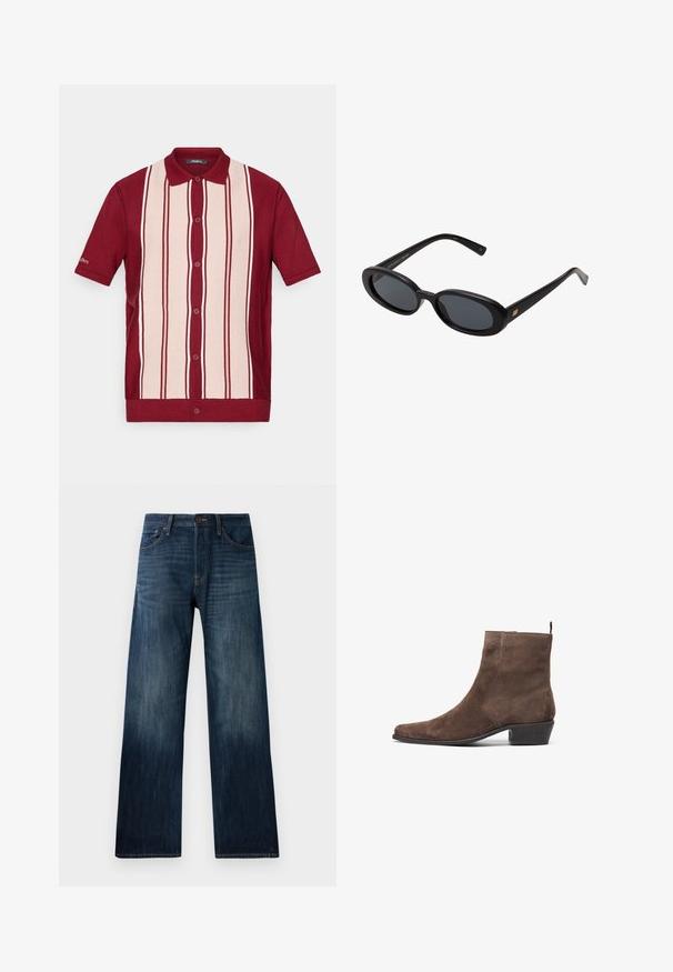 Kortermet skjorte med knapper i polo-stil, med røde og lyse beige vertikale striper og rød krage, vist mot en hvit bakgrunn.; Mørkeblå denimjeans med rett ben, som har en lett tekstur, beltehemper og en klassisk femlomme-stil.; Brune semsket ankelstøvel med spiss tå, lav blokkheel, og en pull-loop bak for enkel påkledning. Glatt tekstur og enkelt design.; Svart overdimensjonerte solbriller med ovale linser, glatt plastramme og gullakenter på bøylene. Mørke linser gir solbeskyttelse.