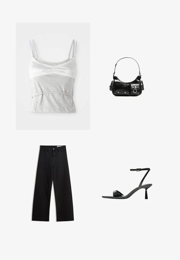 Szürke és fehér top állítható pántokkal, szatén felső résszel és textúrált szürke pamut alsó résszel, deréknál szűkített fazonnal.; Fekete, bő szabású farmernadrág magas derékkal, elülső és hátsó zsebekkel, varrott felületekkel és gombos záródással. Sima textúra.; Bershka Magas sarkú szandálok - black; Fekete lakkbőr kézitáska ívelt formával, egy vállpánttal, elülső zsebekkel és ezüstszínű fémrészletekkel.