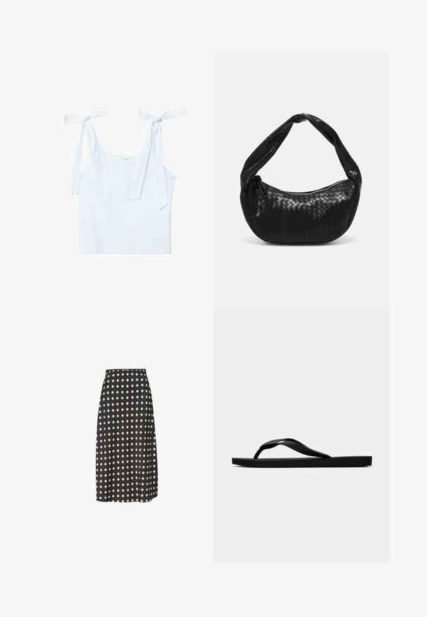 Weißes Baumwoll-Top mit zwei Bindeträgern, rundem Ausschnitt und taillierter Passform, mit einer weichen, glatten Textur.; Schwarzer Midirock mit weißen Punkten, aus einem glatten Stoff gefertigt. Verfügt über eine taillierte Passform und einen leichten Seitenschlitz für Bewegungsfreiheit.; Schwarze Gummi-Flip-Flop-Sandale mit einem strukturierten Riemen und einfacher flacher Sohle, von der Seite auf einem schlichten hellen Hintergrund dargestellt.; Schwarze geflochtene Ledertasche mit einer geschwungenen Form, ausgestattet mit einem dicken Griff und einem Reißverschlussverschluss. Texturierte Oberfläche mit glänzender Optik.