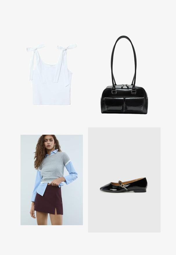 White cotton tank top featuring two tie straps, a round neckline, and a fitted design, with a soft, smooth texture.; Young woman with long wavy hair wearing star earrings, a blue striped shirt with a gray short sleeve sweater, and a maroon skirt with a front slit.; Black patent leather flat shoe with a pointed toe, ankle strap featuring a gold-tone buckle, and a low block heel. Smooth, glossy finish.; Black leather handbag with two front pockets, double handles, and a zippered top closure. Smooth texture and rounded shape.; Three plastic hair clips in pastel colors: pink, yellow, and blue, shaped like flower petals, featuring a spring mechanism and shiny finish.