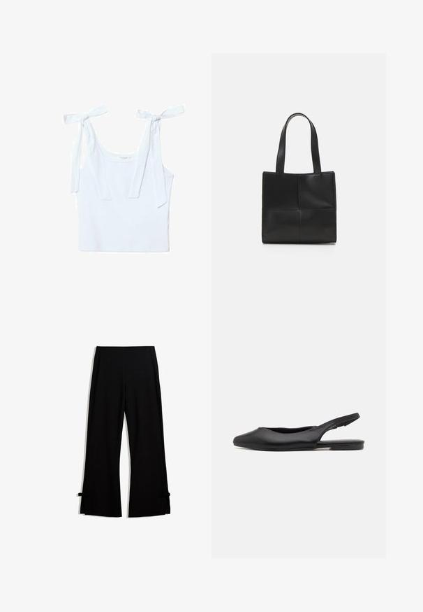 Weißes Baumwoll-Top mit zwei Bindeträgern, rundem Ausschnitt und taillierter Passform, mit einer weichen, glatten Textur.; Schwarze weitem Hosen aus einem weichen Stoff, mit seitlichen Schlitzen, die am Saum mit Schleifen gesichert sind, für zusätzliche Details.; Schwarzer Leder Slingback-Schuh mit spitzer Zehenform, flachem Absatz und geschwungenem Ausschnitt-Design. Glatte Textur und minimalistischer Stil.; Schwarze Leder-Umhängetasche mit zwei Griffen, rechteckiger Form, glatter Textur und genähtem Paneeldesign. Keine Beschläge oder zusätzlichen Akzente.