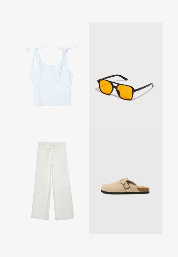 Canotta bianca in cotone con due spalline annodate, scollatura rotonda e design aderente, dal morbido e liscio tessuto.; Pantaloni bianchi a gamba larga realizzati in un tessuto morbido. Presentano un elastico in vita con cordino e una consistenza liscia. Senza motivi visibili o accessori.; Zoccoli beige in suede con piede in sughero, punta rotonda e una semplice fascia con una fibbia dorata. Suola in gomma per una buona aderenza.; Occhiali da sole rettangolari neri con lenti arancioni audaci. Presentano un design unico del ponte e aste eleganti, realizzati in materiale leggero.