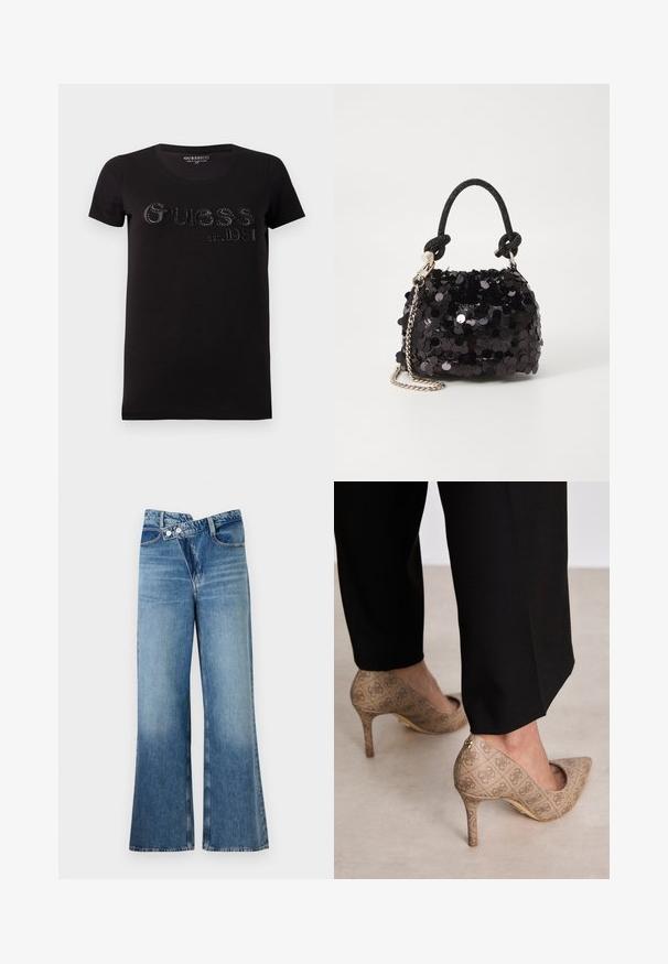 T-shirt noir en coton avec des manches courtes et un col rond. Présente le texte "Guess est. 1981" en lettres en relief ornées de clous argentés.; Jean en denim bleu clair évasé à taille haute, doté de deux boutons et de poches avant. Le tissu a une texture décolorée avec des variations subtiles.; Chaussures à talons hauts beiges en tissu texturé avec un motif répétitif. Design à bout pointu avec un accent à l'arrière et détail de talon doré.; Mini sac à main en sequins noirs avec une bandoulière texturée nouée et une chaîne argentée. Forme arrondie avec un haut froncé et des détails réfléchissants.