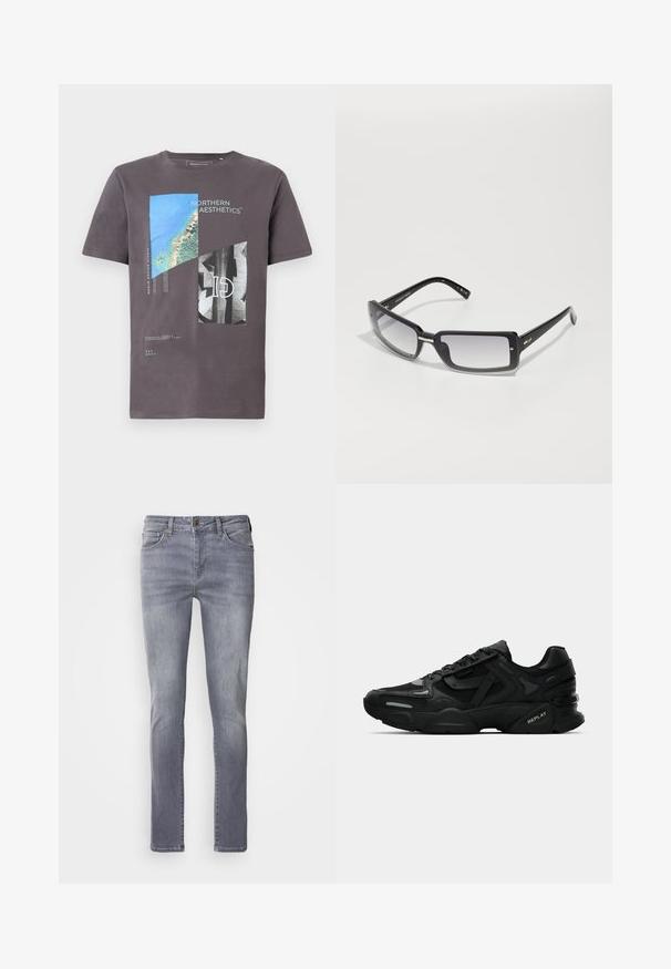 Hallhalli halli puuvillane t-särk, millel on graafiline print siniste ja mustade geomeetriliste kujunditega ning tekst, lühikesed varrukad ja ümar kaelus.; Helehallid teksad sirge lõikega, viie taskuga, messingist nööbiga kinnitus ja jalgu pehmelt kulunud välimus.; Mustad mustad spordijalanõud tekstuurse ülemise osaga, peegeldavate detailidega ja pehmendatud tallaga. Sisetald on seotud ja külgedel on brändi logo.; Mustad ristkülikukujulised prillid gradient objektiividega, pakse raami ja metallist aktsentdetailidega varrukatel. Ühtlane tekstuur kogu ulatuses.