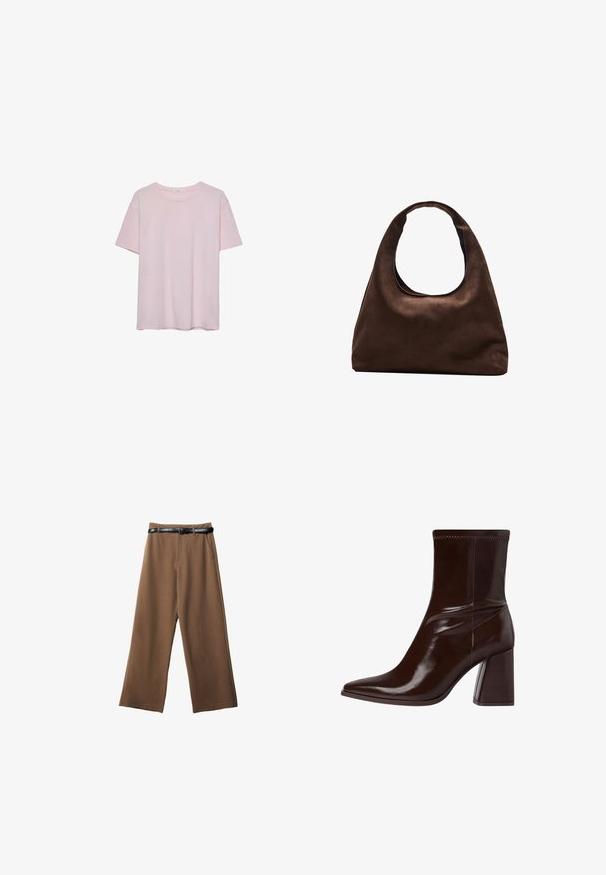 Svetlo roza bombažna majica s kratkimi rokavi, okroglim ovratnikom in sproščenim krojem. Gladka tekstura in preprost dizajn, brez dodatnih vzorcev ali akcentov.; Rjavi široki hlače z gladko teksturo, ki imajo črn pas, dva sprednja žepa in prilagojen dizajn.; Rjave lakirane gležnjerice s šiljastim prstom, elastičnim gležnjem i chunky blok petom. Elegantno dizajnirane s glatkom teksturom.; Mehakna rjava torbica v hobo stilu z enim širokim trakom in ukrivljenim odprtjem na vrhu, prikazana na beli podlagi.