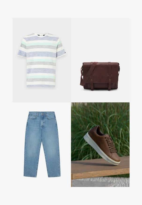 Tricou cu dungi în alb, având benzi orizontale de albastru deschis, verde mentă, gri și albastru închis. Design cu mâneci scurte și gât rotund.; Trei cămăși cu mânecă lungă: albastru deschis, alb și bleumarin. Toate au un guler clasic și o deschidere cu nasturi, fiind confecționate dintr-un material neted.; Jeans din denim albastru deschis cu croială largă și talie înaltă, având cinci buzunare, bucle pentru curea și o textură moale, ușor decolorată.; Tenis din piele maro cu talpă din cauciuc alb, vârf rotund și șireturi maronii. Textură de aderență pe talpă și finisaj neted pe partea superioară.; Geantă de umăr din piele maro, cu un capac frontal plat, două curele, accente din hardware auriu și o curea de umăr reglabilă.