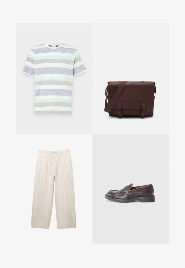 Striped t-shirt in white, featuring horizontal bands of light blue, mint green, gray, and dark blue. Short sleeves and crew neck design.; Linen trousers in light beige, featuring an elastic waistband with a drawstring, wide-leg design, and side pockets. Smooth texture.; Brown leather loafers with a smooth finish, round toe, minimal stitching, and a thick black rubber sole. No visible hardware or accents.; Brown leather messenger bag with a flat front flap, two straps, gold hardware accents, and an adjustable shoulder strap.