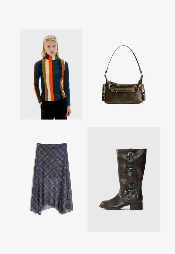 Mehrfarbiger Rollkragenpullover mit vertikalen Streifen in Braun, Blau, Rot und Creme. Lange Ärmel, weicher Stoff, figurbetonter Schnitt.; Schwarzer Karorock mit blauen und braunen Linien, fließendes Design, knielang, aus leichtem Stoff mit glatter Textur.; Braune Leder-Stiefel bis zum Knie mit mehreren Schnallen, einer runden Zehenpartie und einem niedrigen, robusten Absatz. Die Stiefel haben eine strukturierte Oberfläche und verstellbare Riemen.; Braune Ledertasche mit geschwungener Form, silbernen Beschlägen und zwei Reißverschlusstaschen auf der Vorderseite. Verstellbarer Schultergurt ist enthalten.