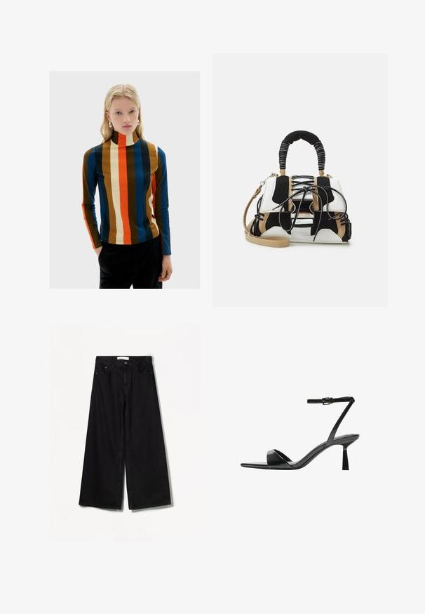 Multifarvet polotrøje med vertikale striber i brun, blå, rød og cremefarve. Lange ærmer, blødt stof, tætsiddende design.; Bershka WIDE-LEG - Wide leg - black; Bershka Højhælede sandaletter / Højhælede sandaler - black; Multifarvet håndtaske med sort, hvid og beige net. Har et struktureret håndtag, snørebåndsdesign og aftagelig skulderrem.
