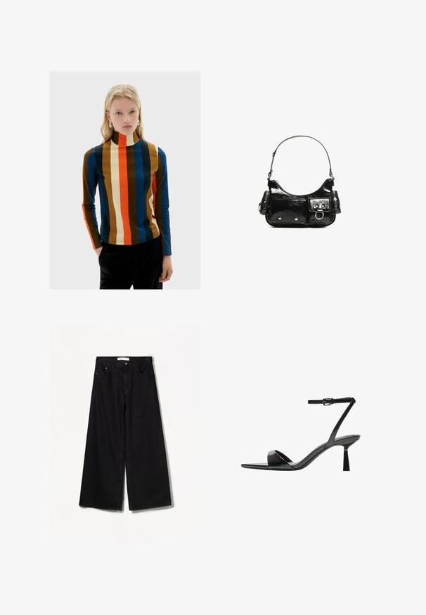 Multicolored turtleneck top featuring vertical stripes in brown, blue, red, and cream colors. Long sleeves, soft fabric, fitted design.; Bershka WIDE-LEG - Wide Leg - black; Bershka High heeled sandals - black; Black patent leather handbag with a curved shape, one shoulder strap, front pockets, and silver-tone hardware accents.