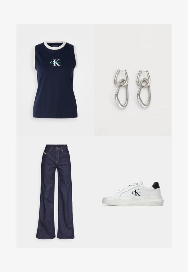 Tamsiai mėlynas be rankovių medvilninis marškinėliai su balta juosta apykaklėje, priekyje su žalios ir baltos spalvų "Calvin Klein" logotipu. Lygus paviršius.; Tamsiai mėlynos plačios kojų džinsinės kelnės iš denimo audinio su aukštu liemeniu, su oranžinėmis siūlėmis, penkių kišenių dizainu ir sagčių užsegimu.; Balti žemakulniai bateliai su juodu kulno dangteliu, platformos padu, raišteliais ir Calvin Klein "CK" logotipu šone.; Calvin Klein STATEMENT LINKS - Auskarai - silver-coloured