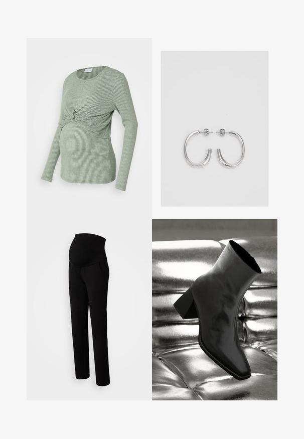 Graviditetsöverdel i ljusgrön ribbad tyg, med långa ärmar och en knutdesign framtill, skräddarsydd för en växande mage.; Gravidbyxor i svart, med en elastisk midja för komfort, sidofickor, rak benstil samt en mjuk tygkvalitet.; Svarta ankelboots i glänsande material med fyrkantig tå och avsmalnande klack, placerade mot en glänsande silverfärgad vadderad bakgrund.; Silver hoopsörhängen med en slät, glänsande yta, med en böjd form och post-stängning. Minimalistisk design med en modern finish.