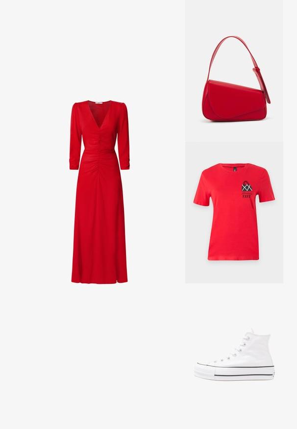 Camiseta de algodón roja con mangas cortas. Presenta un diseño bordado de un bolso negro con acentos blancos y el texto "personal FAVE" debajo.; Vestido rojo con escote en V, mangas tres cuartos y detalles fruncidos en la cintura y la espalda. La tela parece suave y ligera.; Zapatilla de lona alta blanca con suela de goma negra, puntera de goma frontal y seis ojetes para los cordones, que presenta un diseño limpio y minimalista.; Bolso de cuero rojo con un diseño angular y geométrico. Cuenta con una única correa ajustable y un cierre de solapa con detalles de costura.