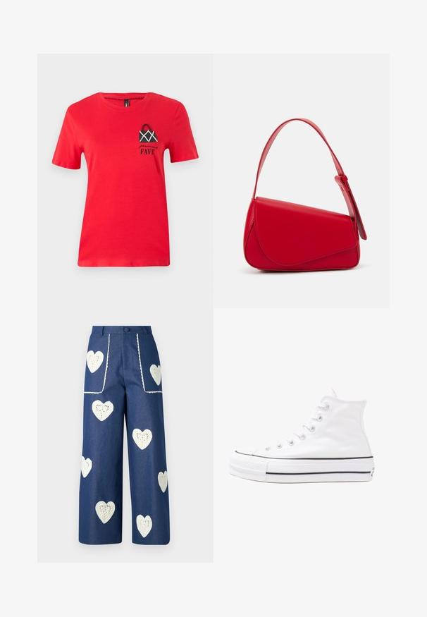 T-shirt vermelho de algodão com mangas curtas. Apresenta um design de bolsa bordada em preto com detalhes em branco e o texto "personal FAVE" abaixo.; Sister Jane HEART TO HEART - Calças de ganga de perna direita - blue denim; Sapatilha alta de tela branca com sola de borracha preta, bico de borracha na frente e seis ilhós para os atacadores, apresentando um design limpo e minimalista.; Bolsa de mão em couro vermelho com um design angular e geométrico. Apresenta uma única alça ajustável e um fecho com aba, com detalhes cosidos.