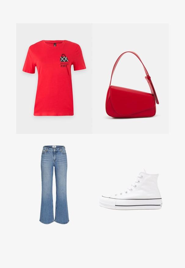 Červené bavlněné tričko s krátkým rukávem. Obsahuje černý vyšitý design kabelky s bílými akcenty a textem "osobní FAVE" níže.; Světle modré džínové zvonové kalhoty s vysokým pasem, které mají přední kapsy, zipový kloup a jemné vyblednutí. Švy jsou viditelné podél okrajů.; Bílé vysoké plátěné tenisky s černou gumovou podrážkou, přední gumovou špičkou a šesti očky na tkaničky, se čistým, minimalistickým designem.; Červená kožená kabelka s ostrým, geometrickým designem. Má jeden nastavitelný popruh a klopu s prošívanými detaily.