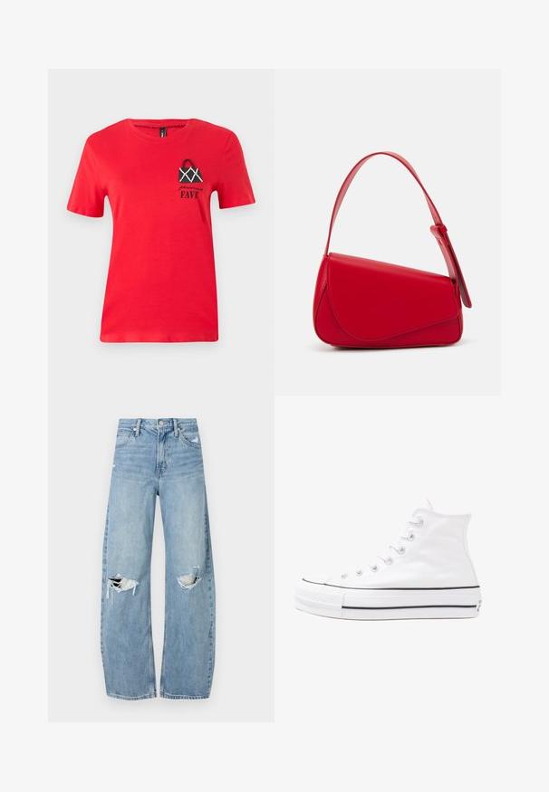 Red cotton T-shirt with short sleeves. Features a black embroidered handbag design with white accents and the text "personal FAVE" below.; Light blue, high-waisted jeans made of denim. Feature wide legs, two torn knee areas, and classic five-pocket styling.; White high-top canvas sneaker with black rubber sole, front rubber toe cap, and six eyelets for laces, featuring a clean, minimalist design.; Red leather handbag with an angular, geometric design. Features a single adjustable strap and a flap closure with stitched detailing.