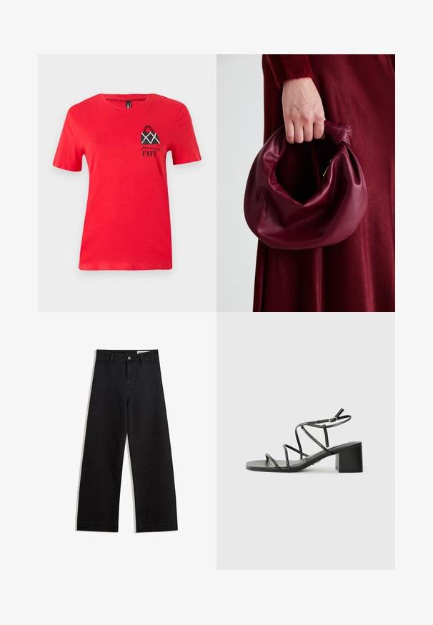 Rode katoen T-shirt met korte mouwen. Bevat een zwart geborduurd handtassendesign met witte accenten en de tekst "persoonlijke FAVE" eronder.; Zwarte denim broek met wijde pijpen en een hoge taille, voorzien van voor- en achterzakken, gestikte naden en een knoopsluiting. Gladde textuur.; Zwarte sandaaltjes met bandjes, vierkante neus en een chunky hak, gemaakt van soepel materiaal. Heeft verstelbare enkelbandjes en minimale hardware.; Bordeaux leren handtas met een zacht, gegathered ontwerp en een ronde vorm. De handgreep is stevig bevestigd en toont een gladde textuur.
