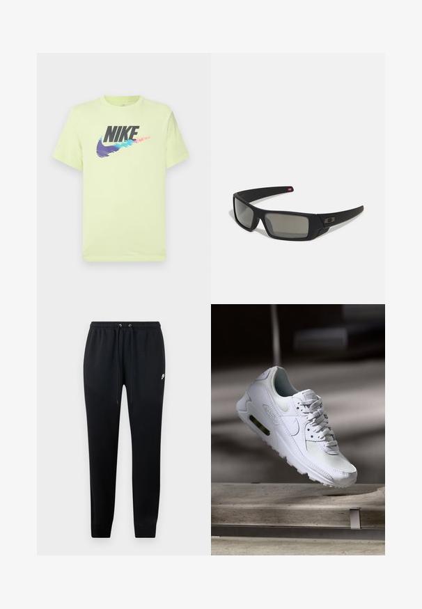 Šviesiai geltona Nike marškinėliai su dideliu juodu logotipu ir spalvotu gradientiniu swoosh dizainu, apvaliu kaklu ir trumpomis rankovėmis.; Juodos sportinės kelnės, pagamintos iš minkštos medžiagos, su elastingu juosmeniu ir raišteliais, aptemptomis kulkšnėmis ir nedideliu logotipo akcentu šone.; Baltos Nike Air Max 90 sportbačiai su.comi ir odos viršumi, perforuota pirštų dėžute ir matomu oro pagalvėle kulne.; Juodi akiniai saulės su matinio paviršiaus užbaigimu, stačiakampiai lęšiai, švelnus lenkimas ant šventyklų, subtilus logotipo detalizavimas ir dūminiai lęšiai.