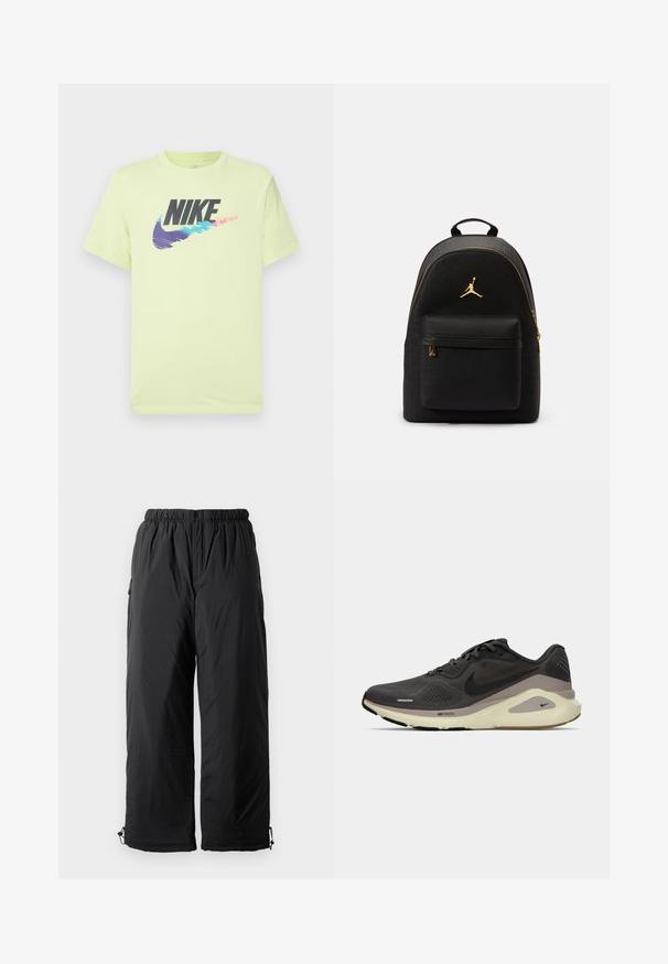 Camiseta Nike de color amarillo claro con un gran logo negro y un diseño de swoosh colorido en degradado, cuello redondo y mangas cortas.; Pantalones aislantes negros con cintura elástica, que cuentan con bolsillos laterales y puños ajustables. Tela suave con un acabado ligeramente brillante.; Zapatilla de correr Nike en gris oscuro y negro con suela acolchada blanca y diseño de cordones, mostrada en perfil lateral sobre fondo blanco.; Mochila negra con un acabado texturizado, logotipos en relieve, cremallera dorada y un bolsillo delantero. Parte superior curvada y correas ajustables.