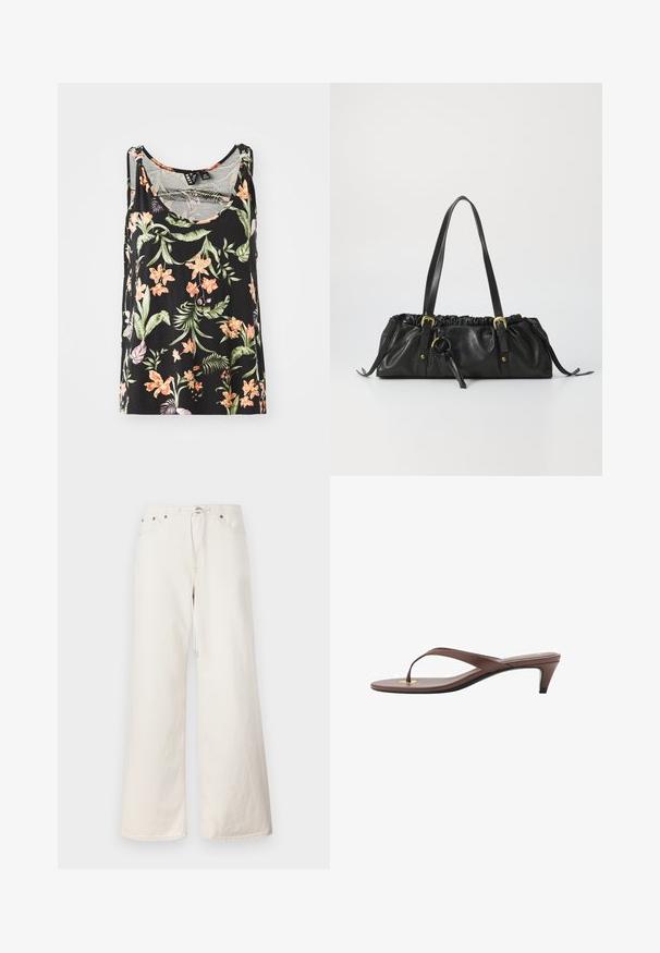 Černý tílko bez rukávů s květinovým vzorem s růžovými a oranžovými květinami a zelenými listy. Měkká látka a volný střih.; Bílé široké denimové kalhoty s elastickým pasem na stahování, předními kapsami a jemnými švy. Vyrobeno z odolného bavlněného materiálu.; Hnědé sandály s podpatkem a tenkým páskem, zaoblenou špičkou a malým zlatým akcentem na stélce.; Černá kožená kabelka se staženým vrškem, dvěma ramenními popruhy, zlatými kovovými detaily a centrálním kruhovým akcentem. Hladká textura, kompaktní tvar.