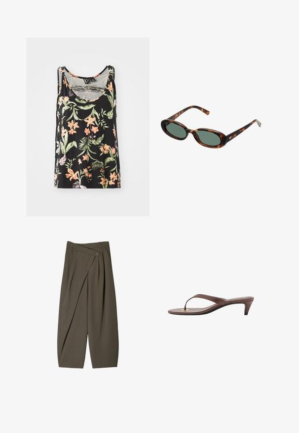 Top fără mâneci de culoare neagră, cu un model floral care include flori roz și portocalii și frunze verzi. Material moale cu o croială lejeră.; Pantaloni cu croi larg dintr-un material verde măsliniu închis, cu un design pliat în față, închidere cu nasture și o suprafață lustruită și texturată.; Sandaș cu toc înalt, de culoare maro, cu o curea subțire și vârf rotunjit, având un mic accent auriu pe talpa interioară.; Ochelari de soare cu ramă din scoică de broască țestoasă și lentile verzi. Au brațe subțiri cu un accent metalic aproape de balamale.