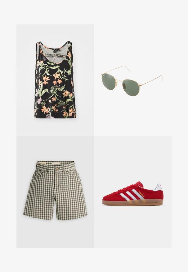 Czarna, bezrękawnikowa koszulka z kwiatowym wzorem, na którym znajdują się różowe i pomarańczowe kwiaty oraz zielone liście. Miękka tkanina o luźnym kroju.; Spodenki w brązowo-białą kratę z zapięciem na guzik, dwoma przednimi kieszeniami i luźnym krojem. Wykonane z tkaniny tkanej o gładkiej fakturze.; Czerwone zamszowe sneakersy z białym wzorem trzech pasków i złotym napisem "Gazelle". Posiadają gumową podeszwę i teksturowaną piętę.; Okulary przeciwsłoneczne w złotej metalowej oprawie z zielonymi soczewkami, o okrągłym kształcie, cienkich zausznikach i białych plastikowych akcentach na końcach ramion.