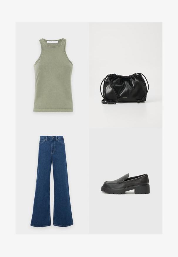 Oliwkowy top na ramiączkach wykonany z miękkiej bawełny, z okrągłym dekoltem, bez rękawów i szytymi brzegami. Prosty, dopasowany krój.; Niebieskie dżinsy z rozszerzanymi nogawkami i wysokim stanem, z pięcioma kieszeniami, zapięciem na guzik i kontrastowym przeszyciem na szwach.; Czarne skórzane mokasyny z zaokrąglonym noskiem, grubą fakturowaną podeszwą oraz minimalnymi detalami szycia. Elegancki design bez widocznych sznurowadeł czy elementów metalowych.; Czarna skórzana torebka z marszczonym wzorem, podwójnym zapięciem na sznurki oraz odpinanym paskiem na ramię. Posiada metalowy detal z logo.