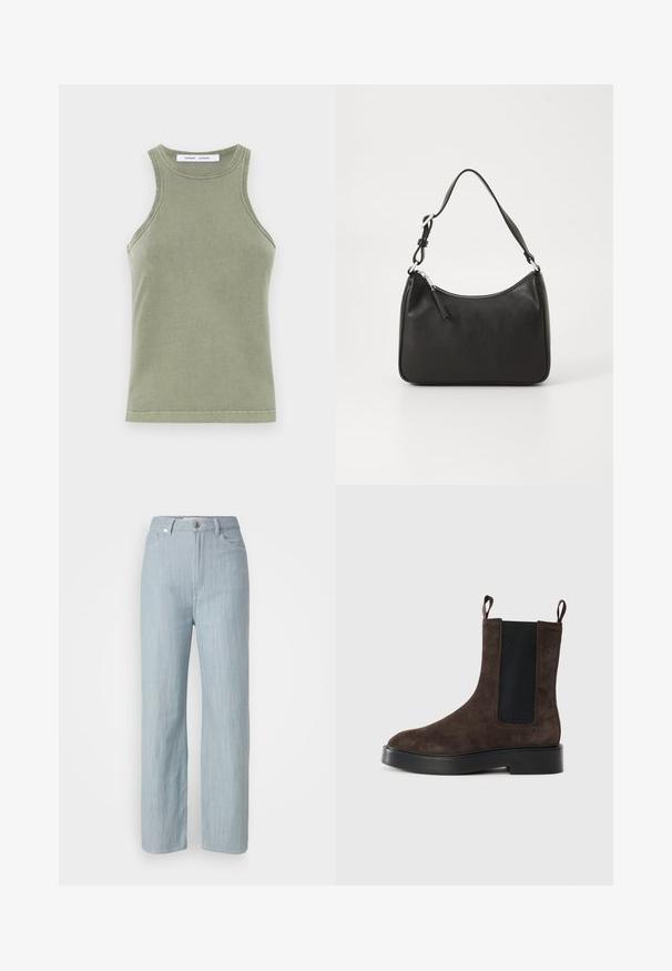 Olivengrønn topp uten ermer laget av myk bomull, med rund halsutskjæring, ermeløs design og sydd kanter. Enkel, tettsittende fasong.; Lys blå rett ben jeans laget av denim. Har fem lommer, en metallknapplukking og subtil slitasje for tekstur.; Brune suedestøvlett med elastiske sidepaneler og trekkfliker. Har en rund tå og chunky svart hæl for stabilitet.; Svart lærveske med en buet form, en enkelt stropp, glidelåslukking og subtil merkevarebygging på forsiden. Glatt tekstur, minimalistisk design.